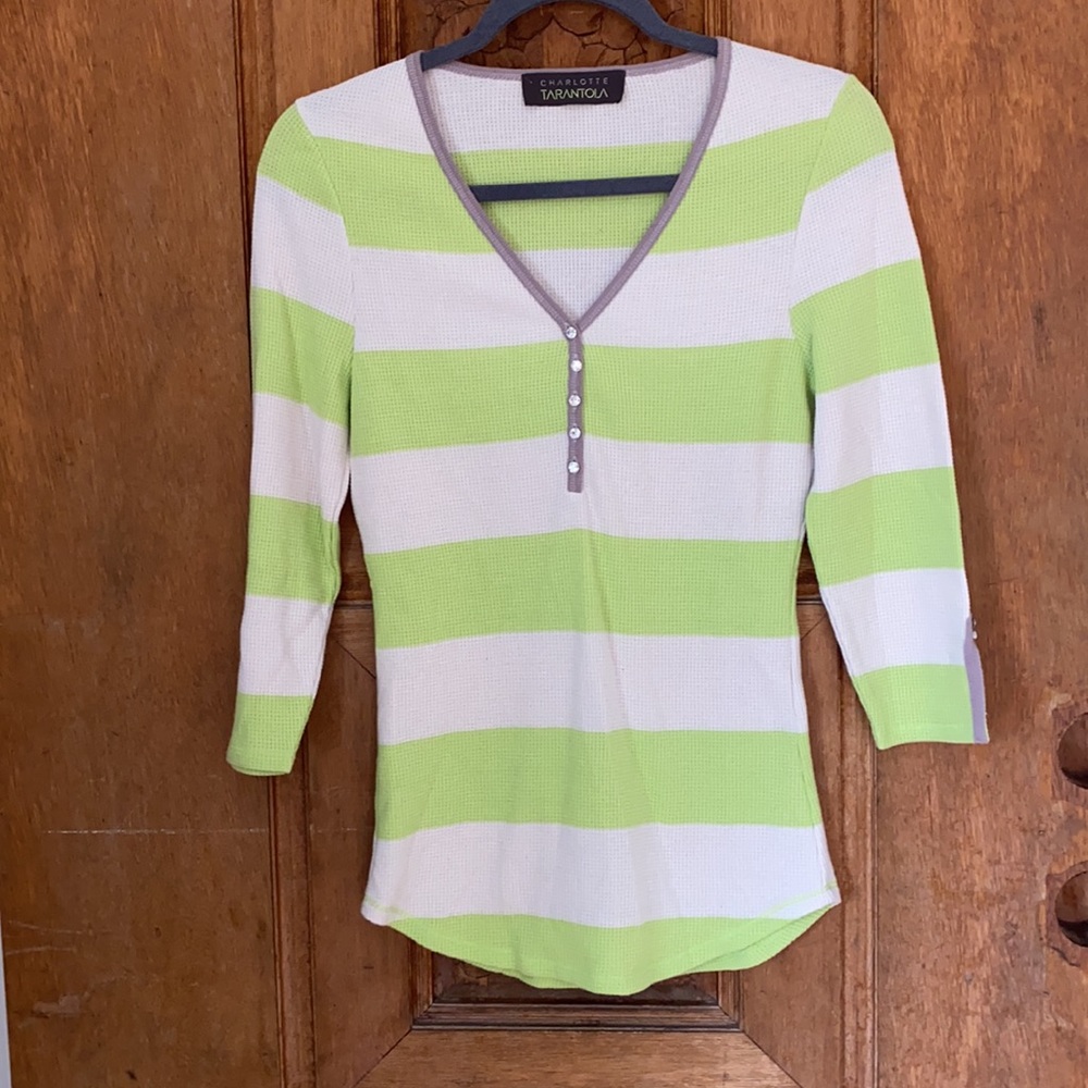 Charlotte Tarantola Striped Knit henley thermal top tee green cream
